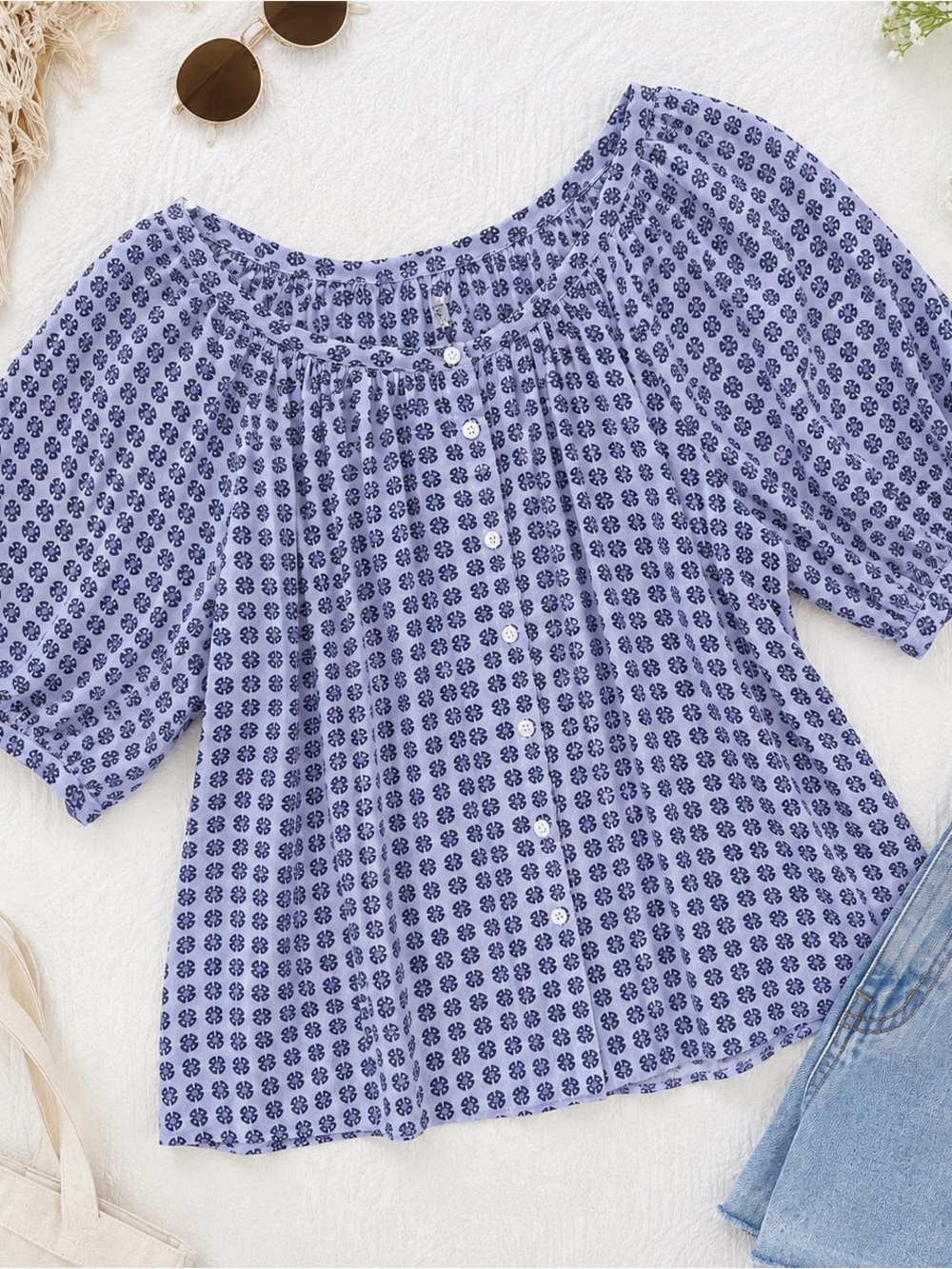 Madewell Size Large Lavender Floral Puff Sleeve Button Front Peasant Blouse